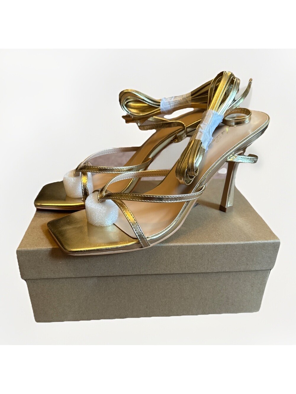 New Elisabet Tang Strappy Lace Up Gladiator Gold Colored Stiletto Heels 9